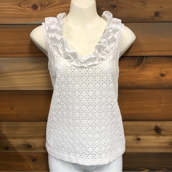 KATE Spade white all cotton eyelet sleeveless ruffle neck top Size 0 - Picture 8 of 9